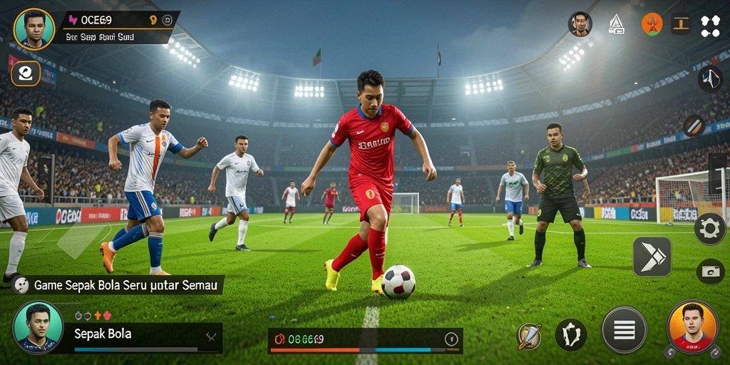 Antarmuka utama OCE69 yang menampilkan aksi sepak bola yang seru.