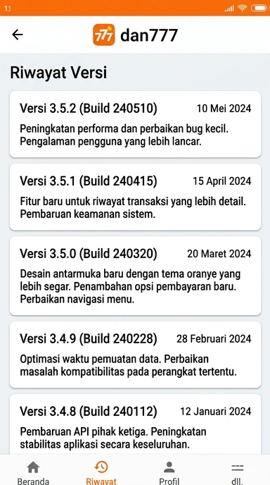 Tampilan riwayat versi dan777